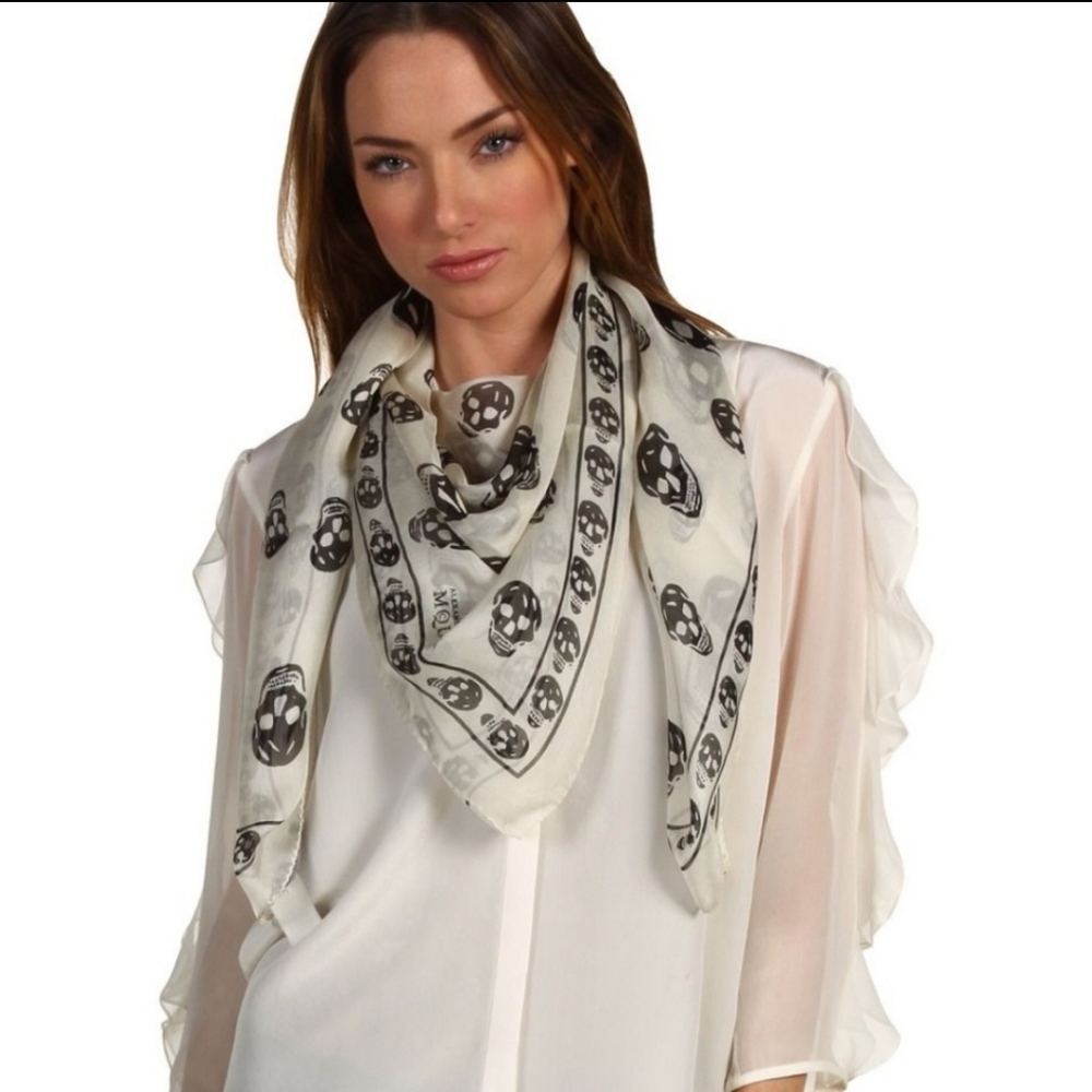 Alexander McQueen cream and black skull silk scarf